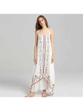 Boho Cottage core Floral White Layered Maxi Dress Adjustable Straps Women XL